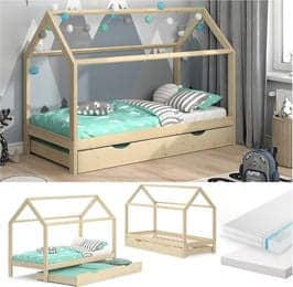 VitaliSpa Kinderbett Hausbett Wiki aus Massivholz in Natur mit Schublade B/T/H: 90 x 200 cm - Bild 1