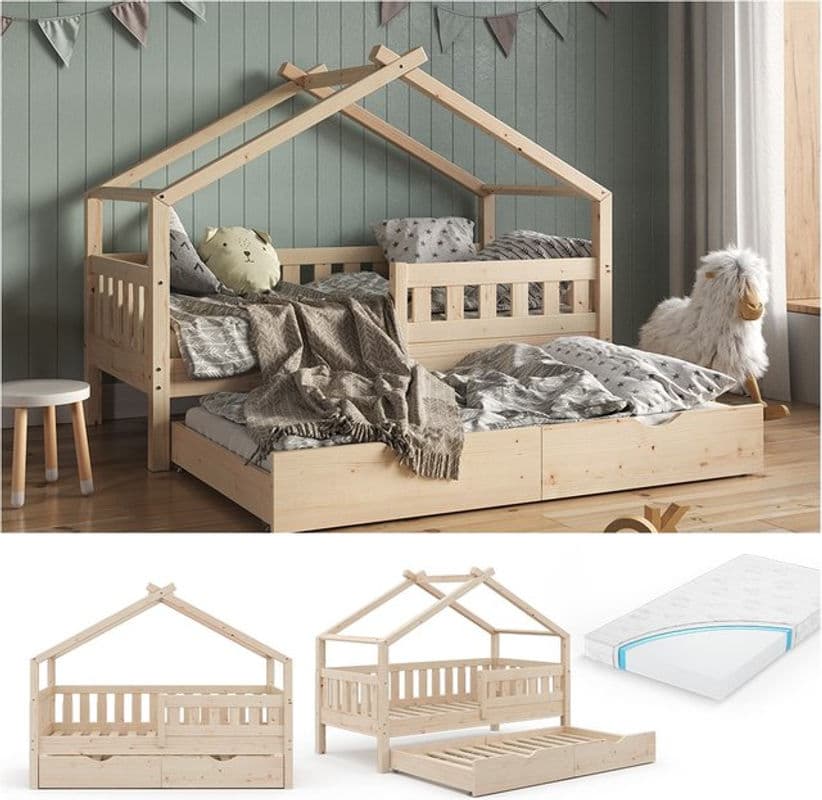 VitaliSpa Massivholz Hausbett Design Kinderbett mit Gästebett und Matratze, Braun, B: 160 cm, T: 80 cm - Bild 1