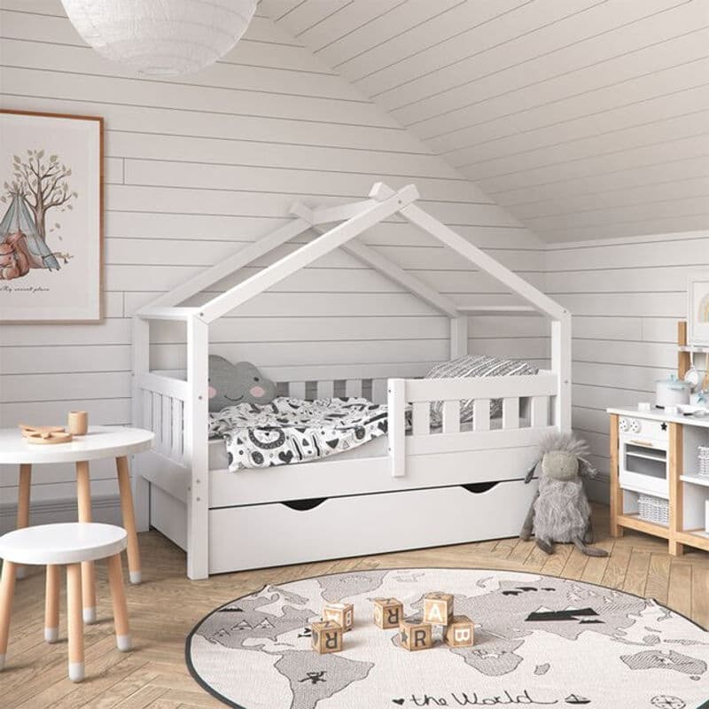 VitaliSpa Massivholz Kinderbett im skandinavischen Design, Weiß, mit Schublade und Matratze, B/T: 140 x 70 cm - Bild 1