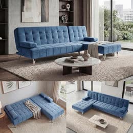 Wendbares Ecksofa MCW-K22 als Schlafsofa mit Schlaffunktion aus Samt in Blau, Breite: 236 cm - Bild 1